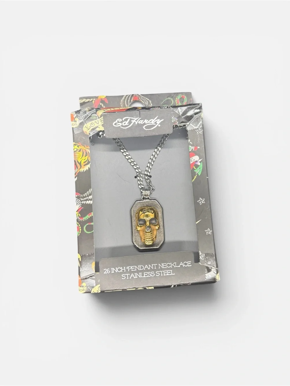 ☠️ED HARDY☠️Mens Two-Tone Skull Stainless Steel Pendant Necklace/NIB